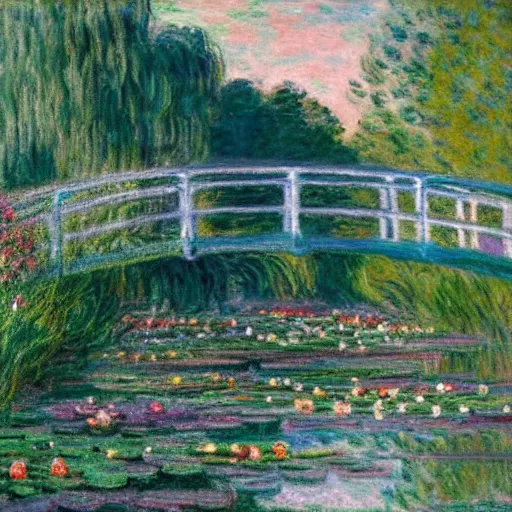Prompt: A impressionism oil painting of water lilies pond at dusk, a bridge across the pond and a mansion near the pond, by Claude Monet