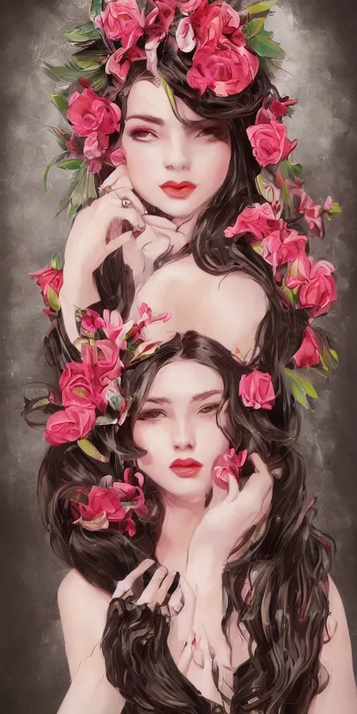 Prompt: a young beautiful woman portrait with long black hair, red lips, pink flowers around her face, rich details, concept art, best artstation, like rolf armstrong style,