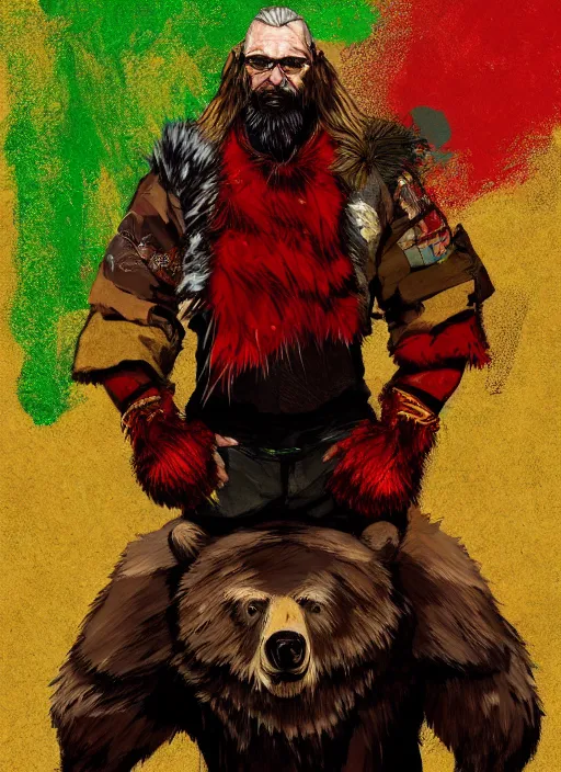 Image similar to Full body portrait of an old muscular man with blonde hair and beard wearing bear skin and red, green and gold jacket. In style of Yoji Shinkawa and Hyung-tae Kim, trending on ArtStation, dark fantasy, great composition, concept art, highly detailed.