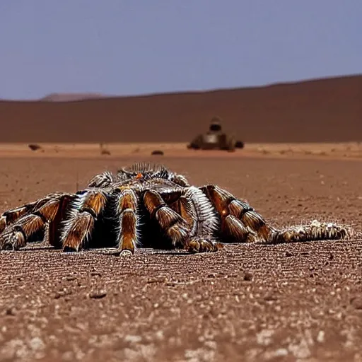 Prompt: alien spacecraft crash lands in desert showing humanoid tarantula pilots, classified photo, highly detailed, sharp focus,