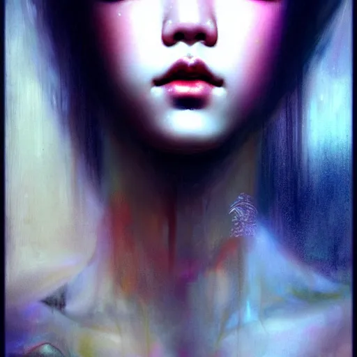 Image similar to jisoo of blackpink, hyperrealistic portrait, bladerunner street, by karol bak and agnes cecile, fantasy art, photo realistic, dynamic lighting, artstation, poster, volumetric lighting, very detailed face, 8 k, award winning