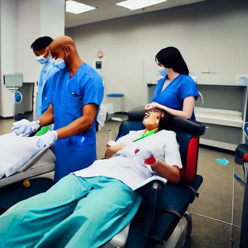 Image similar to a man is giving blood at the bloodbank but his blood is green and the nurses standing by are very scared. extremely detailed photo, hostpital exnvironment.