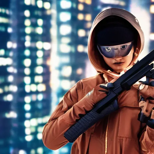 Image similar to photographic portrait of a techwear woman holding a shotgun, closeup, on the rooftop of a futuristic city at night, sigma 85mm f/1.4, 4k, depth of field, high resolution, 4k, 8k, hd, full color, Die Hard, movies with guns, movie firearms