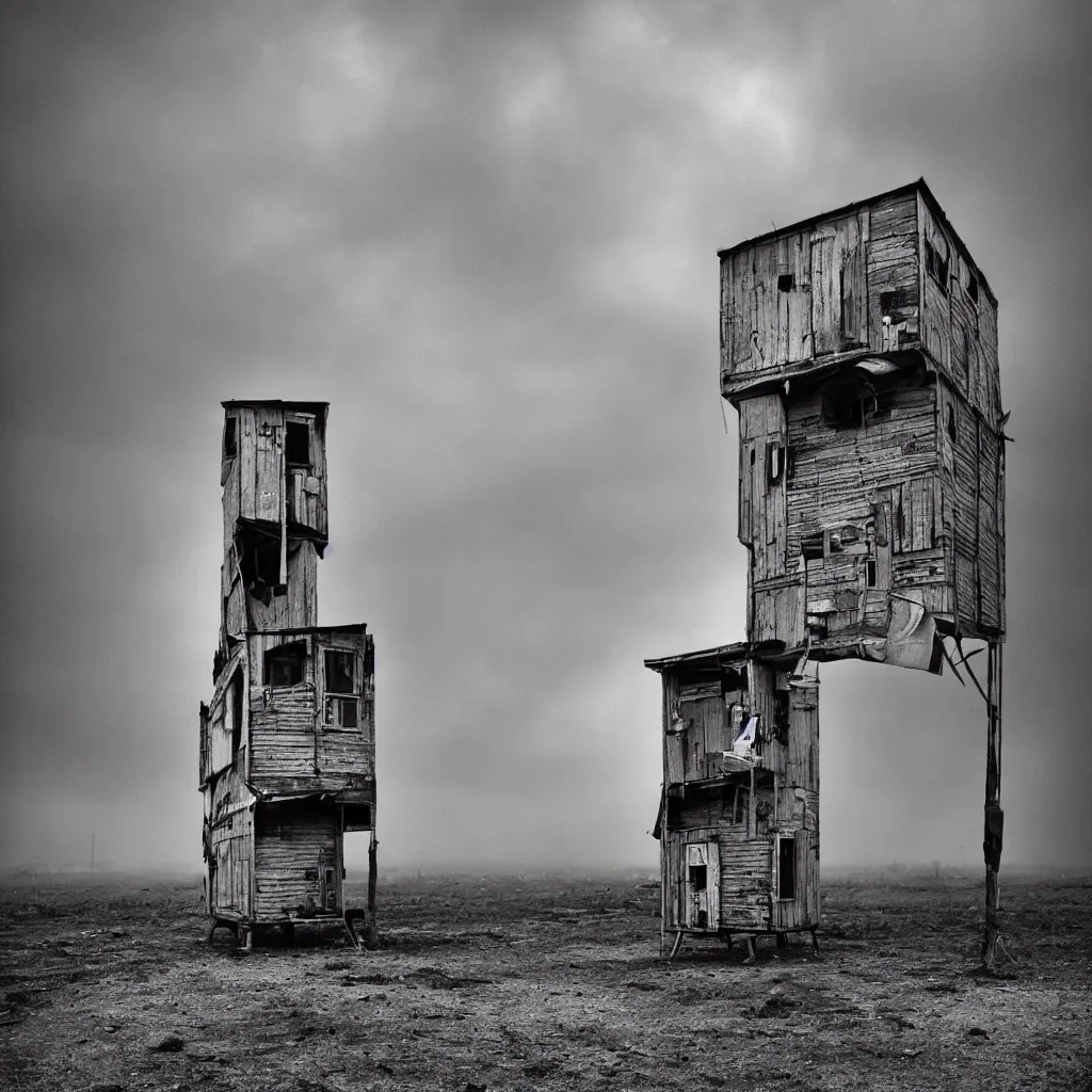 Image similar to high towers, made up of colourful makeshift squatter shacks, bleached, misty, moody sky at the back, dystopia, mamiya, f 1 1, fully frontal view, very detailed, ultra sharp, photographed by roger ballen