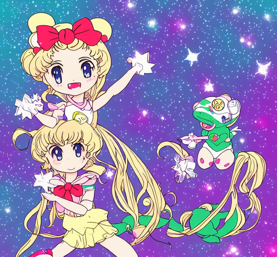 Image similar to chibi frog in a sailor moon magical girl uniform, anime, cell - shaded, retro, well - designed,