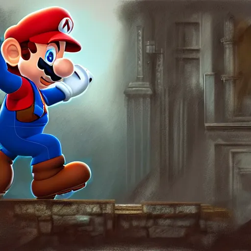 Image similar to concept art of mario from super mario bros in a ruined kingdom, resident evil, horror, occult, terror, mist, volumetric render, zoomed out wide angle digital painting, detailed painting