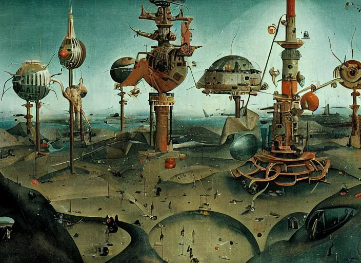 Prompt: an intricately detailed scene from a sci-fi movie by Hieronymus Bosch, Wes Anderson and Syd Mead