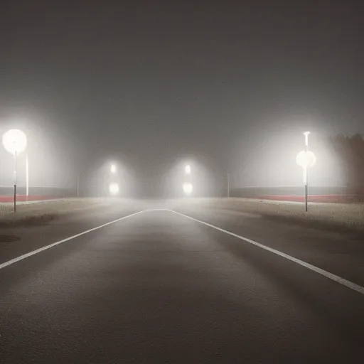 Image similar to A stunningly beautiful award-winning 8K high angle cinematic movie photograph across a spooky foggy empty lightless moonlit main intersection in an abandoned 1950s small town at night. perfect composition, shot from roofline, moody low key backlit. Color palette from Seven, greens yellows and reds. 2 point perspective. Octane render