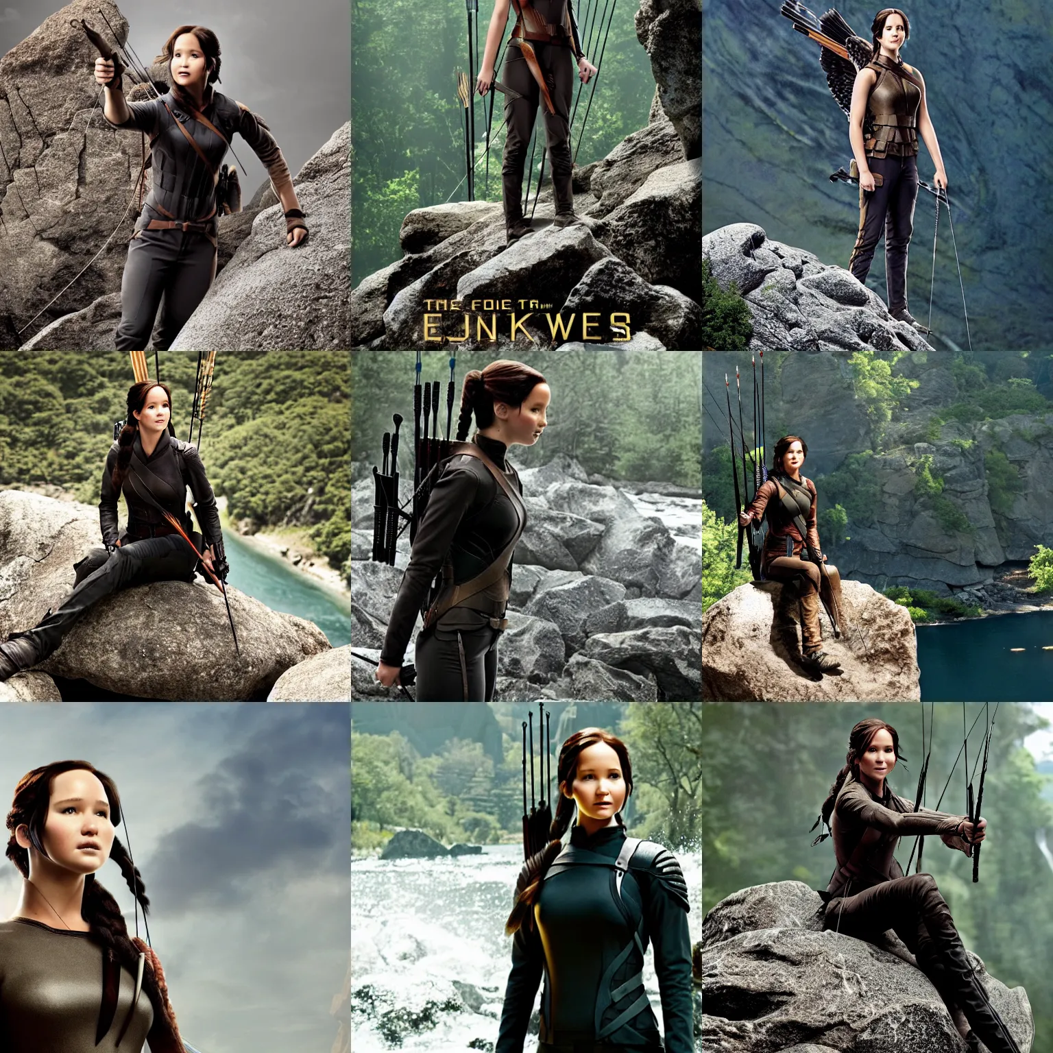 Prompt: katniss everdeen stands atop a large rock with rio below