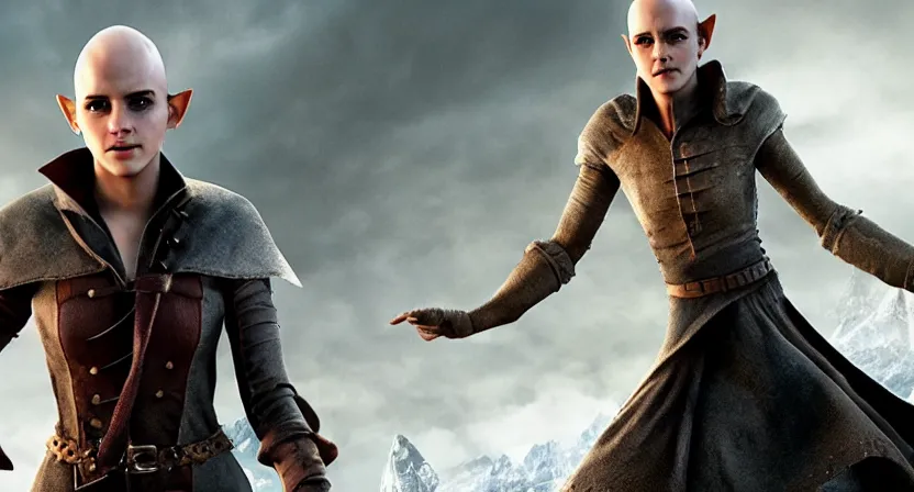 Image similar to promotional image of emma watson as a bald elf in dragon age : inquisition, detailed face, movie still, promotional image, imax 7 0 mm footage