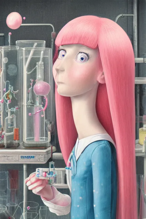 Image similar to highly detailed, industrial photography, profile view of adult princess bubblegum from adventure time, working in her science lab, wearing lab coat, long bubblegum hair, long straight bangs, confident, beautiful, attractive, illustration concept art by nicoletta ceccoli, mark ryden, lostfish, detailed and intricate environment, 8 k resolution, hyperrealistic, octane render