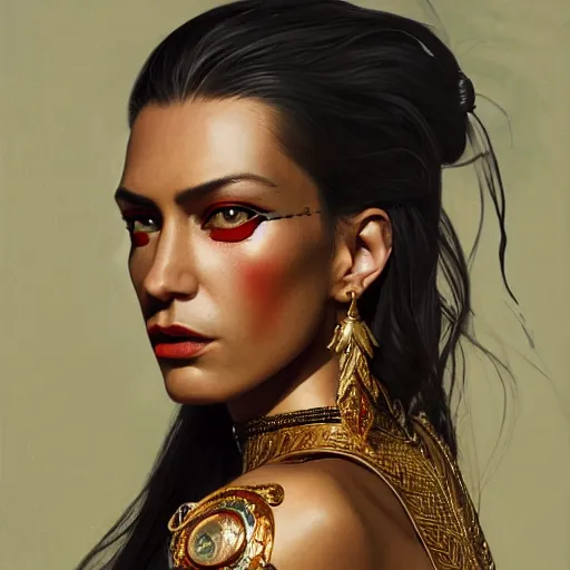 Prompt: detailed oil portrait of tall muscular shining bronze - skinned warrior woman with silver eyes, with long wavy flowing black hair and big gold earrings, jewelry, red lipstick, makeup, feminine, volumetric lighting, dynamic composition, art by sachin teng and sergey kolesov and ruan jia and heng z, scifi, concept art