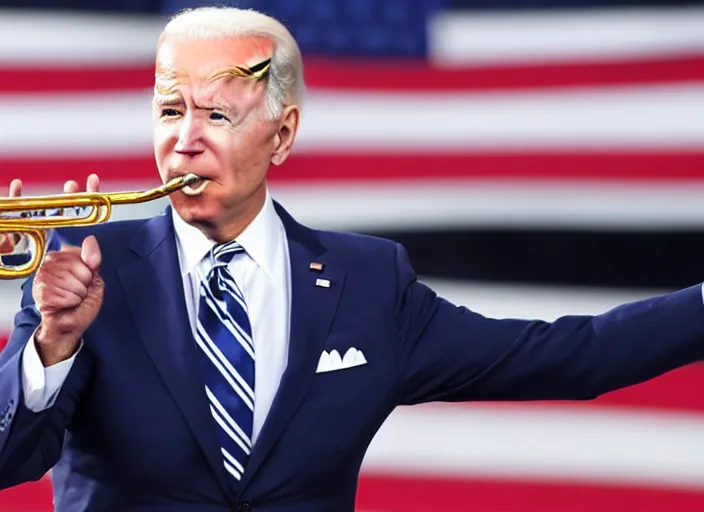 Prompt: joe biden playing the trumpet on stage at memorial day