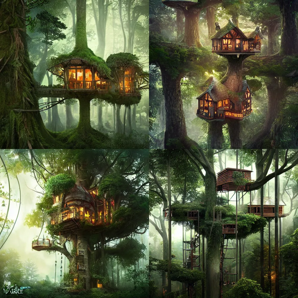 Prompt: tree houses high in the canopy of the forest, fantasy, hyper detailed, cinematic atmosphere, arnold render, trending on artstation, cgsociety