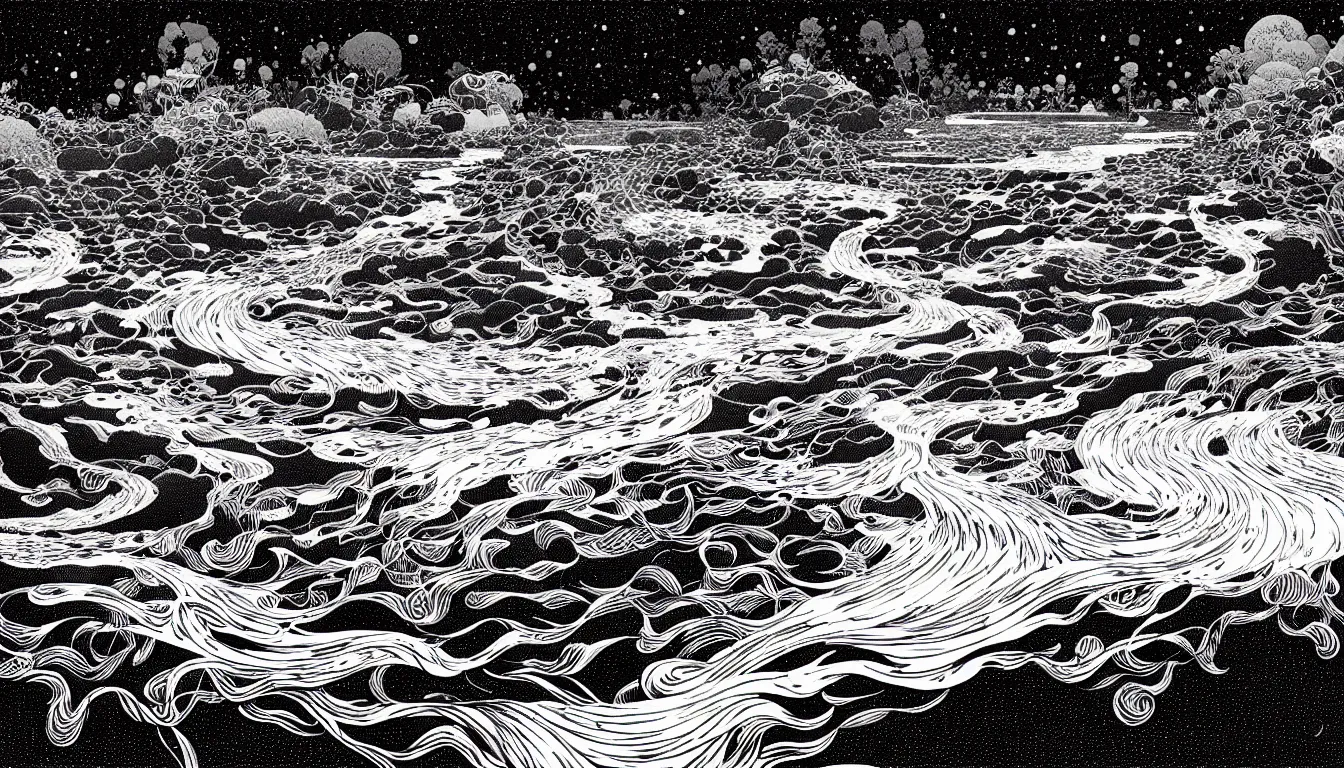 Image similar to flowing river by nicolas delort, moebius, victo ngai, josan gonzalez, kilian eng