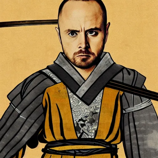 Image similar to jesse pinkman from breaking bad wearing samurai armor and holding a katana in feudal japan, 4 k, hyper realistic, ink block painting, edo period