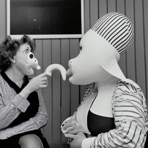 Prompt: 1985 two women in a vintage kitchen wearing an inflatable long prosthetic snout nose made of gooey pink slime, soft color wearing stripes sitting on chairs covered in soft fabric, pink slime everywhere, grey striped walls, studio lighting 1985 color film archival footage holding a hand puppet that looks like Caspar the Friendly Ghost, 16mm John Waters Russ Meyer Cassavetis Doris Wishman