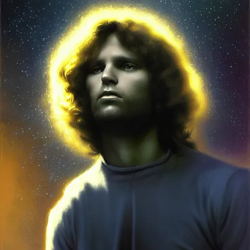 Image similar to UHD tonalism cosmic painting of Jim Morrison, by Antonio Caparo and Ferdinand Knab and Greg Rutkowski, UHD, photorealistic, trending on artstation, trending on deviantart