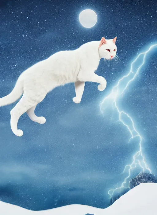 Prompt: giant white cat on a snowy mountain with lightning coming out of its paws, blue sky background with moon