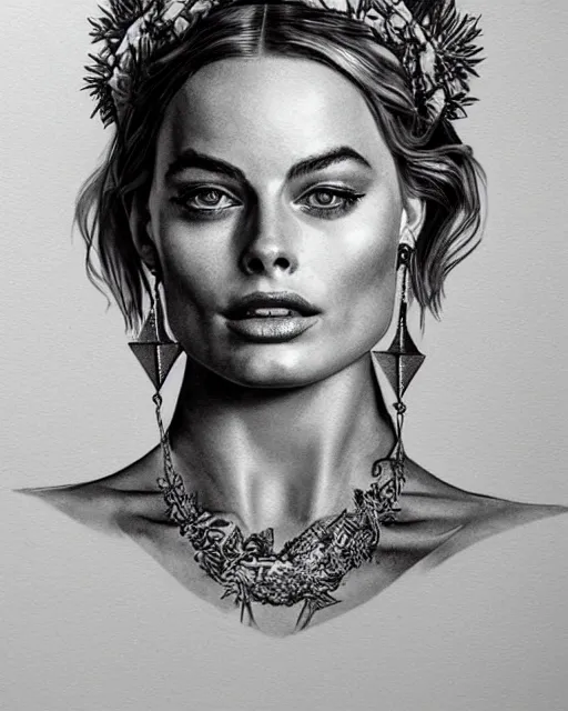 Image similar to realism tattoo sketch of margot robbie as a beautiful greek goddess aphrodite with piercing eyes wearing a laurel wreath and triangle earrings, in the style of greg rutkowski, amazing detail