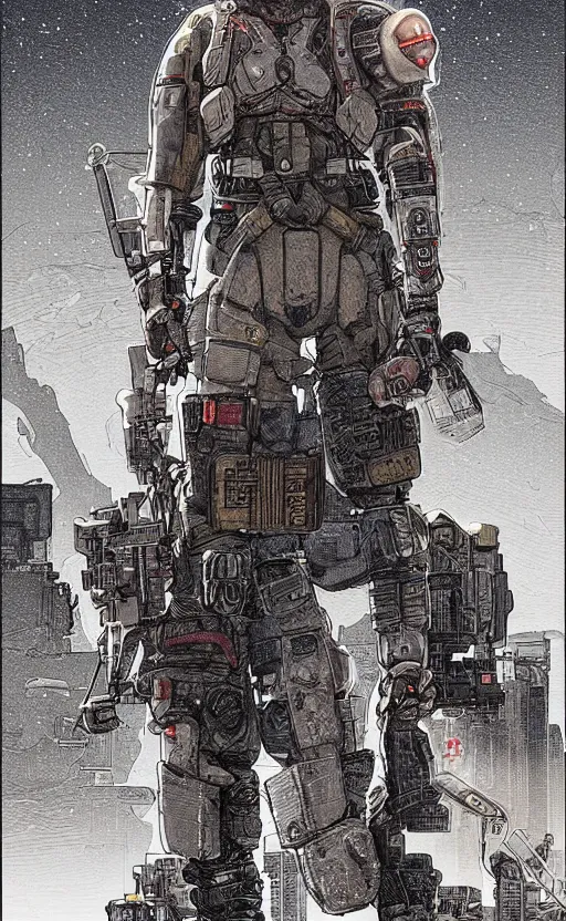 Image similar to a cyberpunk soldier with tactical gear and a rifle patrols a Japanese city on mars, Industrial Scifi, detailed illustration, character portrait, by Martin Grip and Moebius