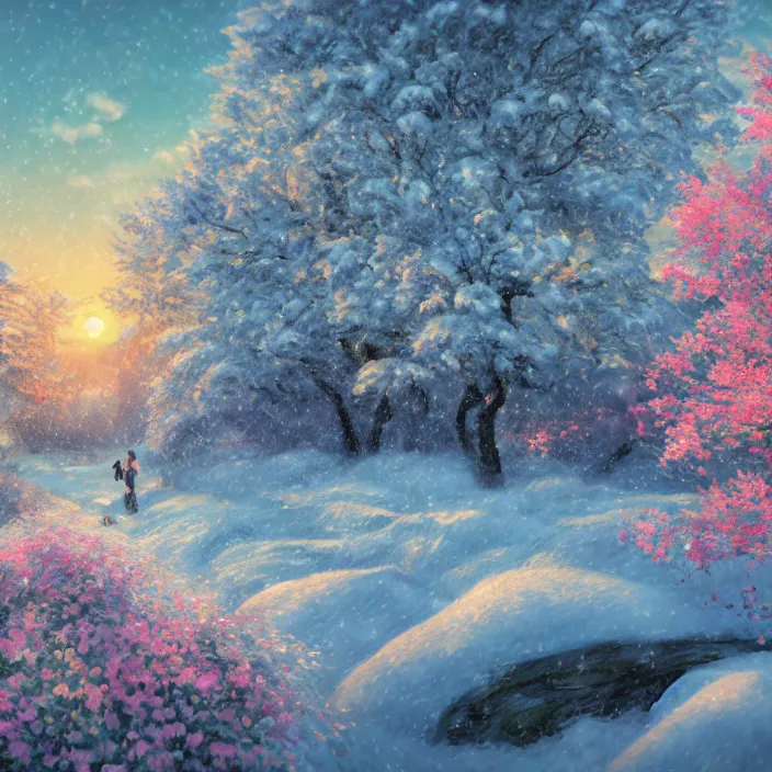 Prompt: an epic makoto shinkai and renoir landscape with a snowy fantasy landscape, candycanes, candy land, golden hour, 🌺, ultra smooth, lois van baarle, ilya kuvshinov, unreal engine, blender, trending on artstation, suntur, caleb worcester, highly detailed, photorealism, bloom effect 8 k