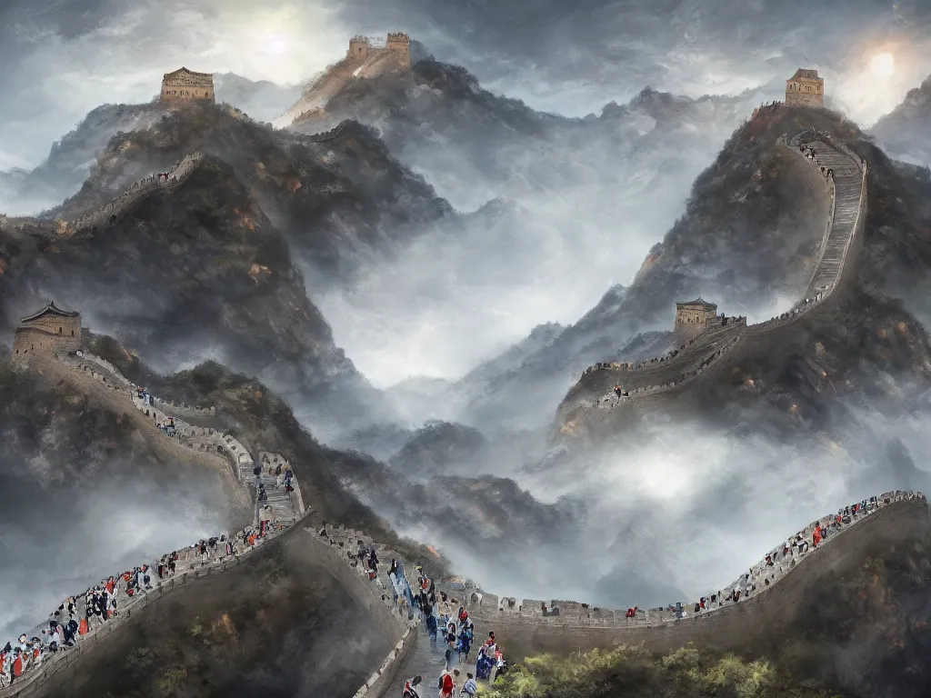 Prompt: advanced high technology version of the great wall of china with robot guards, digital painting, trending on artstation, deviantart, 8k, epic composition, intrinsic details, perfect coherence