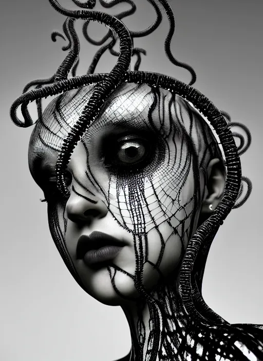 Image similar to surreal mythical dreamy dark artistic black and white fine art photo of a beautiful young female medusa - cyborg covered with translucent algae, highly detailed, intricate crystal ivy jelly fish scales ornate, lace web, poetic, octane render, 8 k, photo - realistic, by man ray