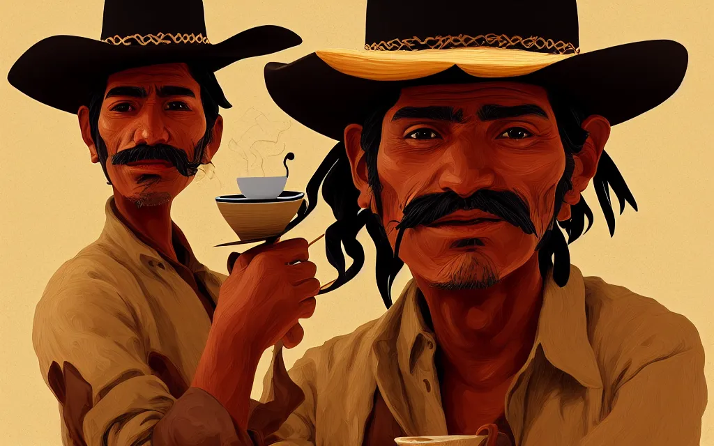 Prompt: photo of juan valdez coffee illustration of a mexican man,, with one small, dirt, wild west, with hat, drinking columbian coffee with a donkey, fantasy, intricate, elegant, highly detailed, digital painting, artstation, concept art by makoto shinkai, ilya kuvshinov, lois van baarle, rossdraws, basquiat,