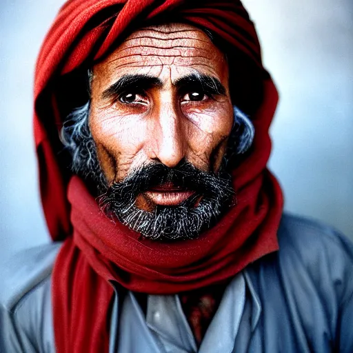 Image similar to portrait of felix beiderman as afghan man, green eyes and red scarf looking intently, photograph by steve mccurry
