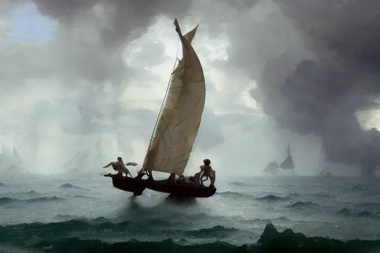 Image similar to ancient historically accurate depiction of Bible Character walking on water during a storm, a small fishing sailboat with scared sailors on board, dramatic lighting by frank miller, illustration by Ruan Jia and Mandy Jurgens and William-Adolphe Bouguereau, Artgerm, 4k, digital art, surreal, space dandy style, highly detailed, godsend, artstation, digital painting, concept art, smooth, sharp focus, illustration by Ruan Jia and Mandy Jurgens and William-Adolphe Bouguereau, Artgerm