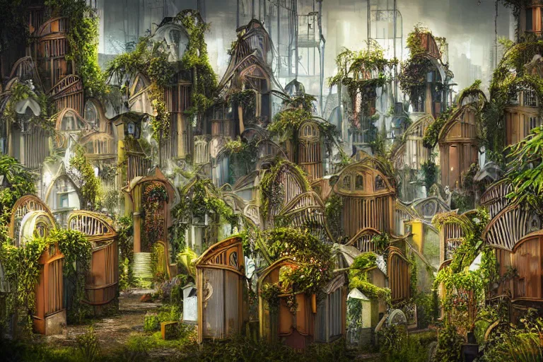 Image similar to elegance futuristic foliage overgrowing favela graveyard honeybee hive, art nouveau environment, industrial factory, award winning art, epic dreamlike fantasy landscape, ultra realistic,