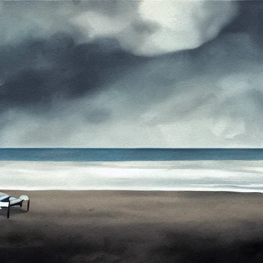 Image similar to a black grand piano on a beach by the waves, lonely, moody, atmospheric, illustration, painting, artstation award, gray flat clouds, misty waves