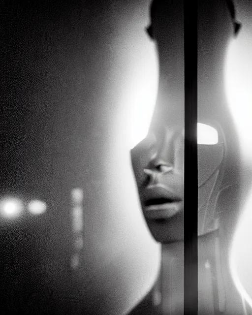 Image similar to black and white high quality photo of a beautiful female AI vegetal-cyborg looking into a sci-fi mirror, volumetric lighting, liminal space, brutalism, foggy, dreamy, hyperdetailed, bokeh, photorealistic, cinematic, masterpiece, Metropolis, elegant, dark, in the style of Horst P. Horst, octane render, 8K,