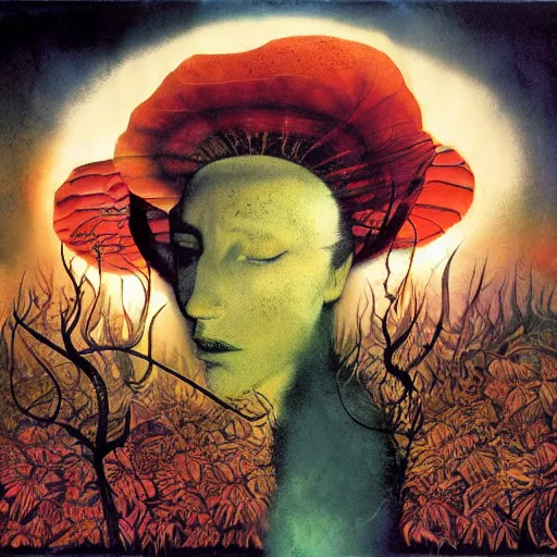 Image similar to psychedelic mushrooms dream, by dave mckean