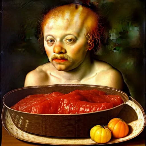 Image similar to a boy sitting in a tub full of tomato sauce, a lot of cabbage, by giuseppe arcimboldo and ambrosius benson, renaissance, portrait, fruit, intricate and intense oil paint, realistic