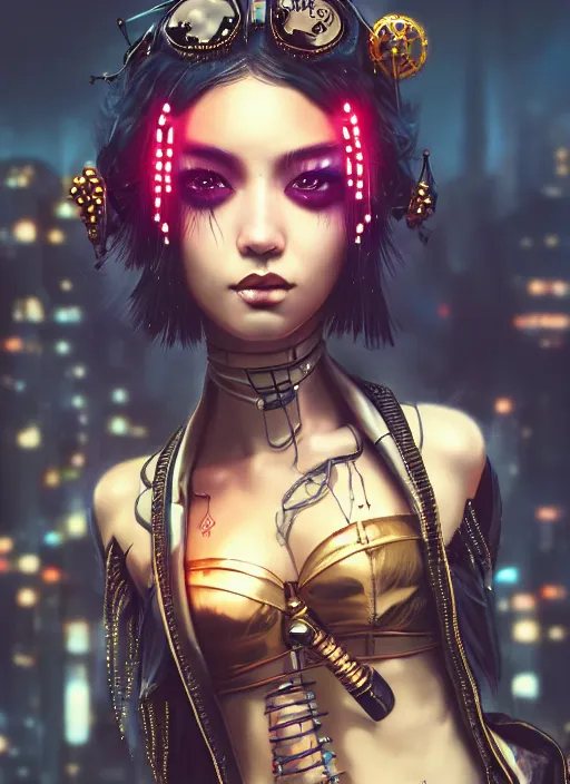 Image similar to soft lustrous ebony geisha seductive raver gutter punk steampunk cyborg, yakuza, golden ratio, details, scifi, fantasy, cyberpunk city, intricate, decadent, highly detailed, octane render, digital painting, artstation, concept art, sharp focus, illustration, art by artgerm, loish, wlop