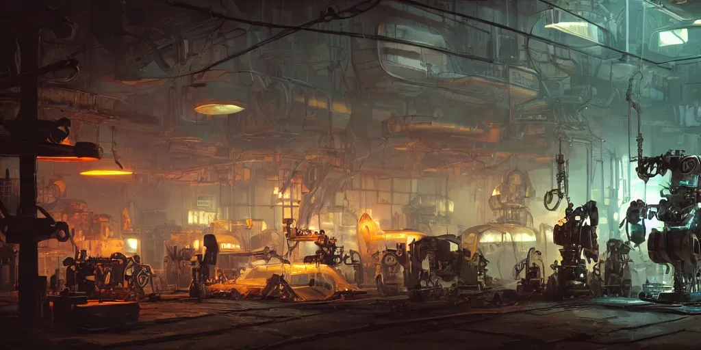 Image similar to concept art, realistic dieselpunk robot repair workshop, neon glow, volumetric lighting, strong shadows, reflections, high contrast, glowing robot motifs, octane render, curves, bladerunner, loish, syd mead, akihiko yoshida, cinematic