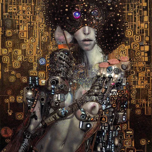 Image similar to depraved cybernetic deities trapped in circuitry, intricate detail, klimt, royo, whealan,