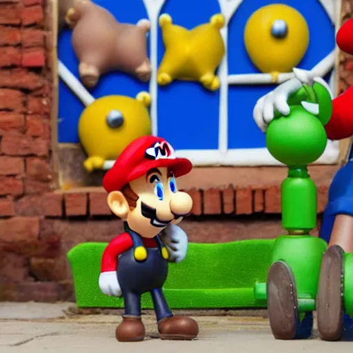 Image similar to Mario in a still from a Wallace and Gromit stopmotion animation, plasticine models, British stopmotion, high quality, slightly desaturated colors, art by Aardman Animations, 4k