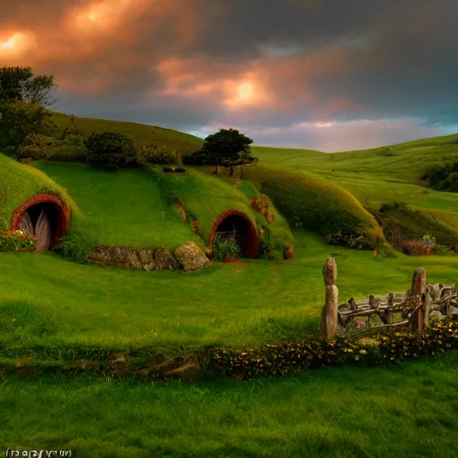 Image similar to Hobbiton from lord of the rings landscape, the hobbit landscape, lord of the rings, the shire, green fields, rolling hills, hobbit homes, landscape photography, lotr atmosphere, 8k, photo realism, beautiful