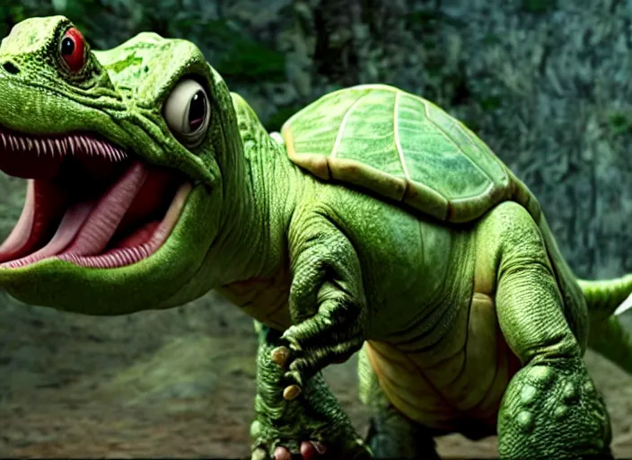 Image similar to film still of yoshi in the new sci - fi movie, upright dinosaur with a small turtle shell and long tongue, 8 k