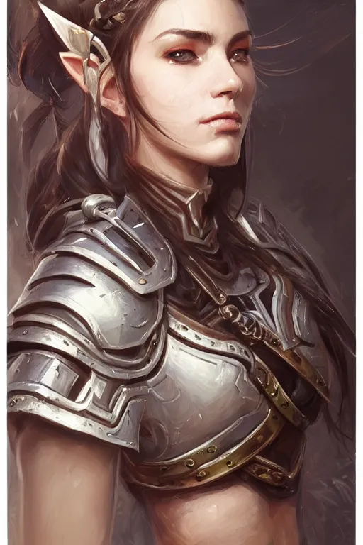 Image similar to a finely detailed portrait of an attractive woman clothed in battle armor, olive skin, long dark hair, beautiful bone structure, symmetrical facial features, intricate, elegant, digital painting, trending on Artstation, concept art, smooth, sharp focus, illustration, from World of Warcraft, by Ruan Jia and Mandy Jurgens and Artgerm and william-adolphe bouguerea, award winning