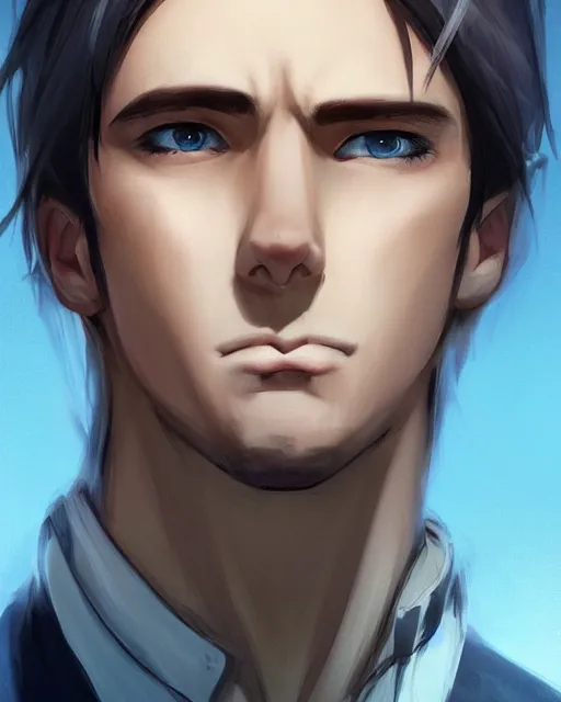 Image similar to face of a masculine 3 0 year old man empeoror with thin face lines, have mi - long brown hair and blue eyes ( completely blue, without white, just blue ), very beautiful portrait, low angle, realistic anime style and perfect art, trending on artstation, good and dramatic lighting