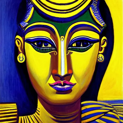 Prompt: Intricate five star Egyptian Goddess facial portrait by Pablo Picasso, oil on canvas,high detail, matte finish, high contrast, 3d depth, masterpiece, vivid colors, artstationhd