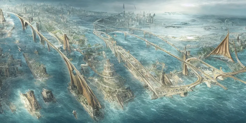 Prompt: illustration, concept illustration, a single giant ancient linear city on a single bridge, giant continent bridge city build over the ocean in a straight line, Ships with sails underneath, fading into the distance