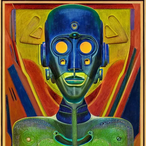 Image similar to the robot in her intricate mechanical mask stand on the lawn, by annie swynnerton and diego rivera and kit williams and leo and diane dillon and nicholas roerich, symbolist, dramatic lighting, elaborate geometric ornament, art brut, god rays, soft cool colors, smooth, sharp focus, extremely detailed, adolf wolfli