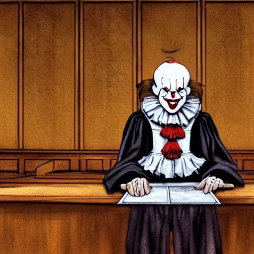 Image similar to pennywise at the witness stand in court. full body. court sketch. intricate. 8 k. highly professionally detailed. hdr. cgsociety