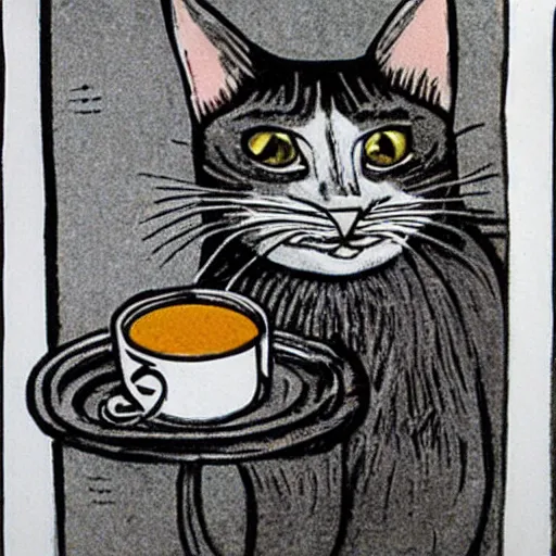 Prompt: a cute cat is drinking coffee. modern printmaking