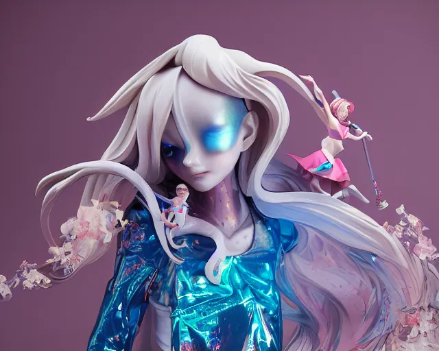 Prompt: James Jean and Ilya Kushinov isolated magical girl vinyl figure, figure photography, holographic undertones, glitter accents on figure, anime stylized, high detail, ethereal lighting - H 640